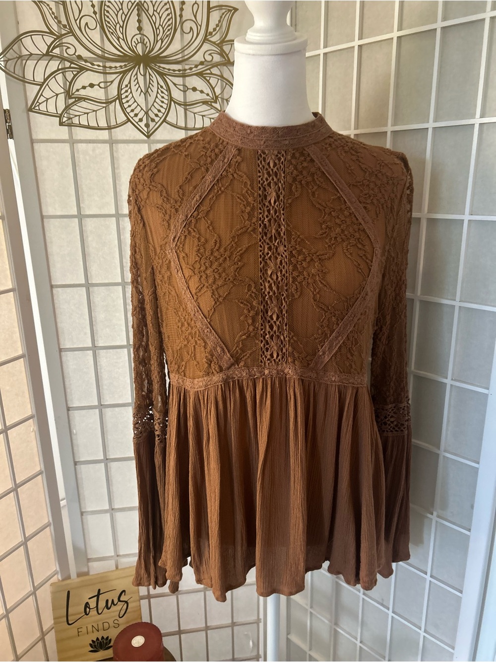 American Eagle Cinnamon Brown Lace Babydoll Blouse Medium Boho